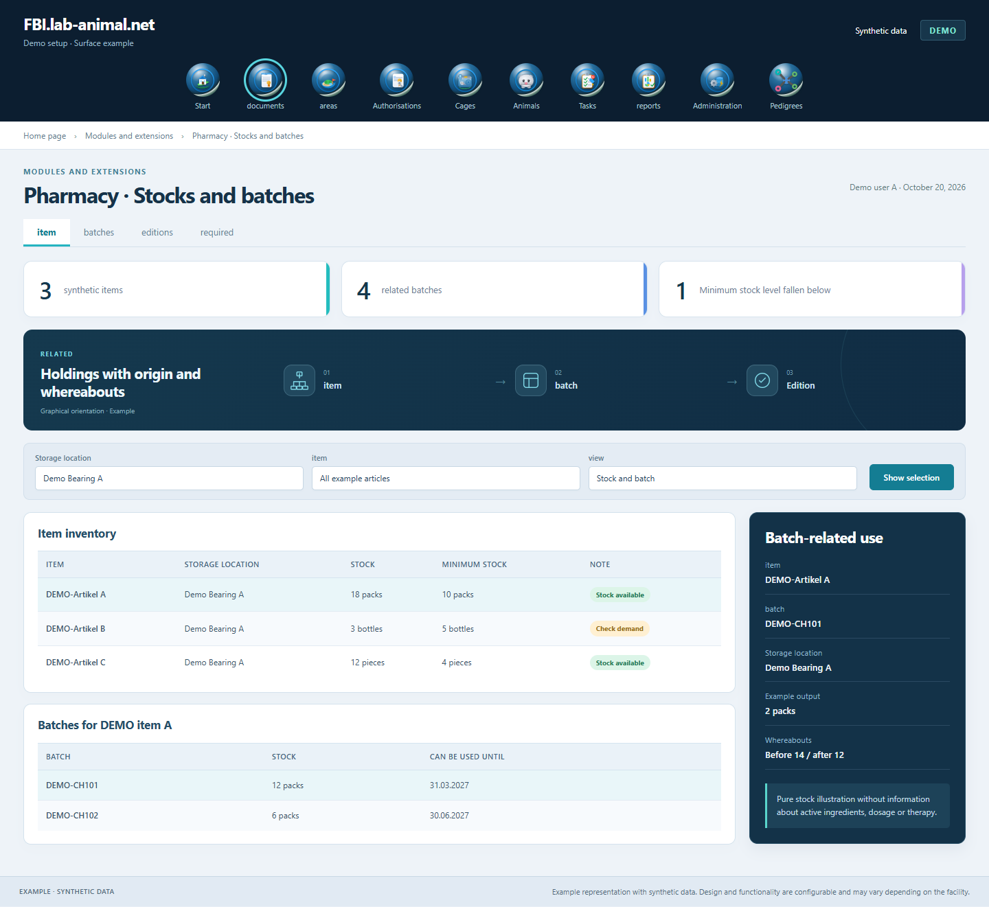 Example interface with synthetic data · Pharmacy · Stocks and batches: Items, storage locations, batches and documented expenses create inventory overview.