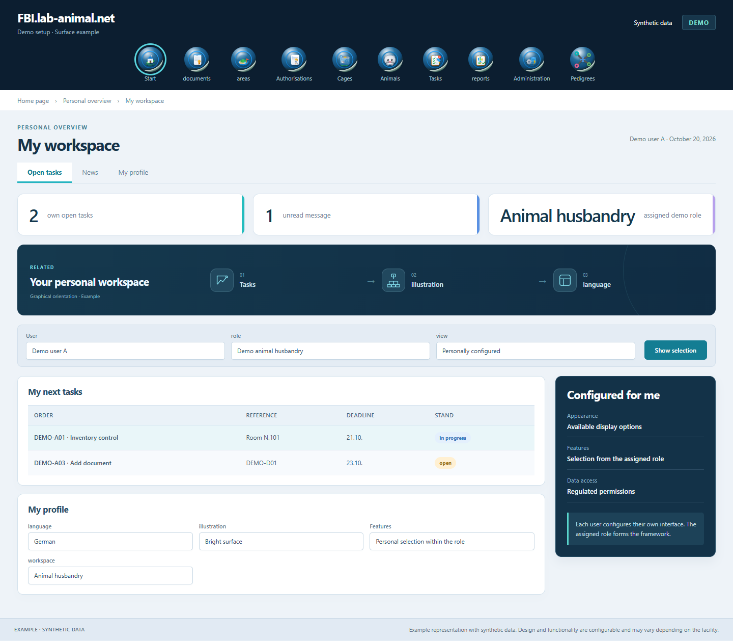 Example interface with synthetic data · My workspace: Your own tasks, messages and personal display options get you started.