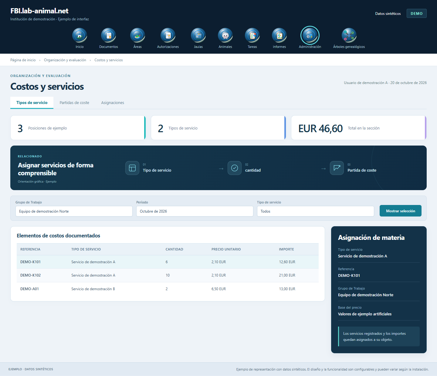 Interfaz de ejemplo con datos sintéticos · Costos y servicios: Los tipos de servicio, las cantidades y las partidas de coste se pueden asignar a su contexto técnico.