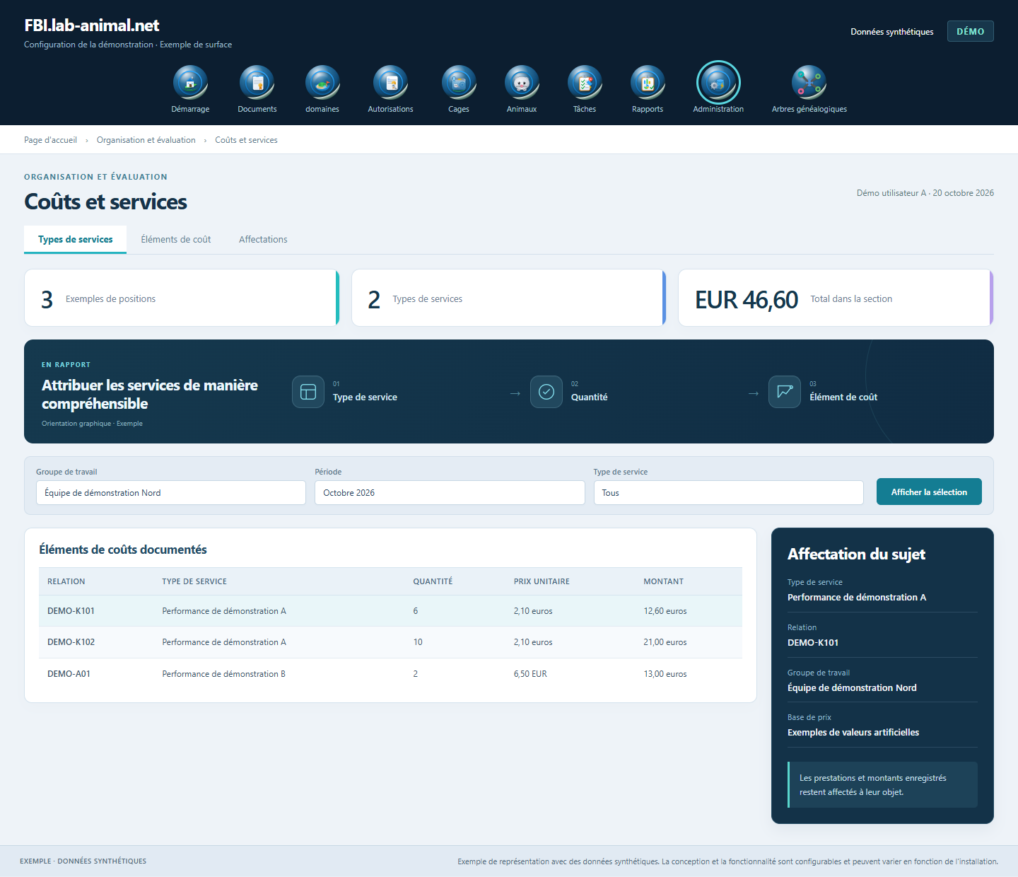 Interface d’exemple avec données synthétiques · Coûts et services: Les types de services, les quantités et les postes de coûts peuvent être attribués techniquement.