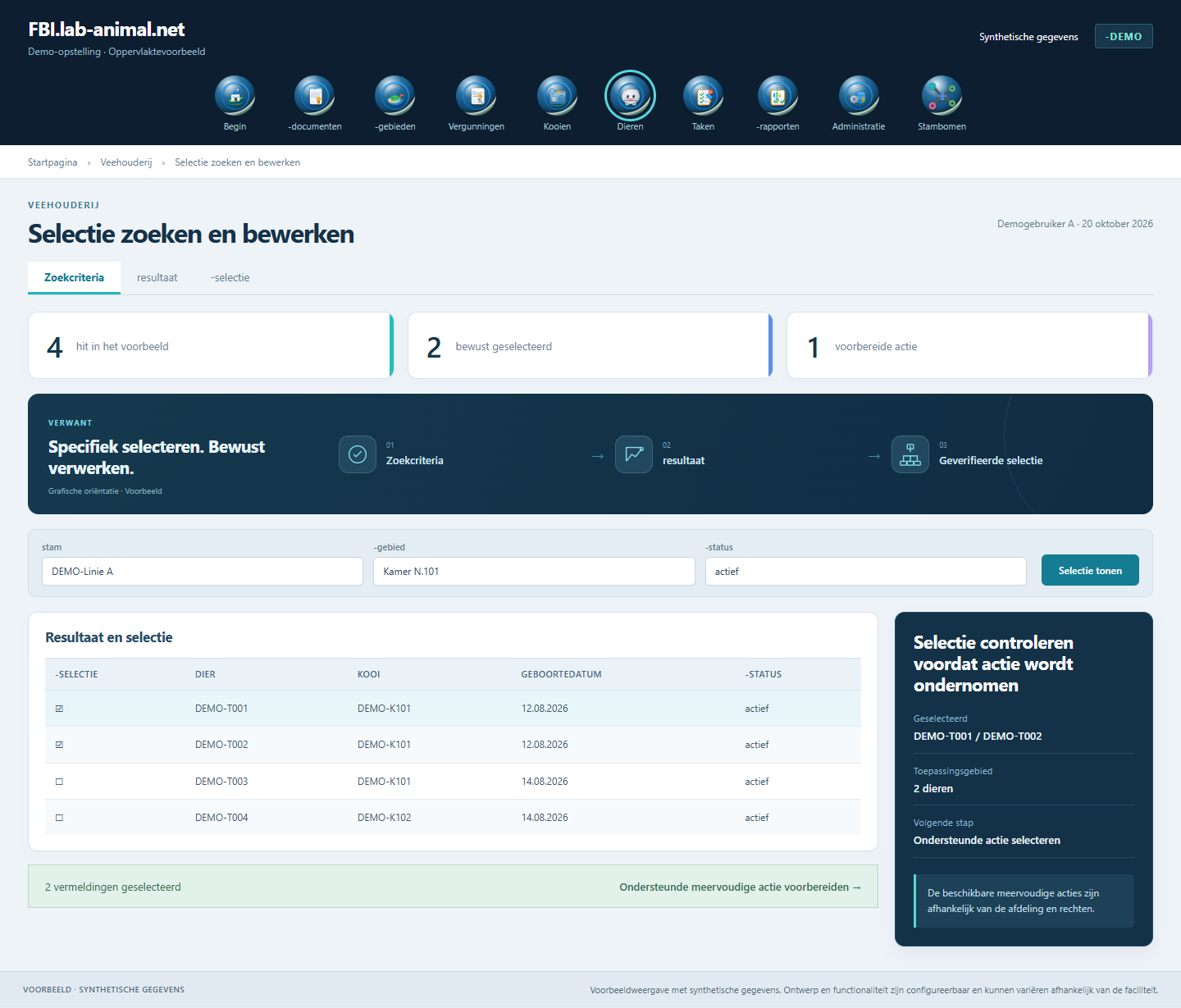 Voorbeeldinterface met synthetische gegevens · Selectie zoeken en bewerken: Zoekcriteria leiden tot gecontroleerde selectie voor ondersteunde meerdere acties.